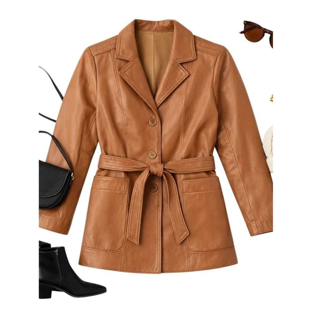 Skin Gear Buttery Soft Brown Leather Belted Jacket Genuine Leather Vintage Chic